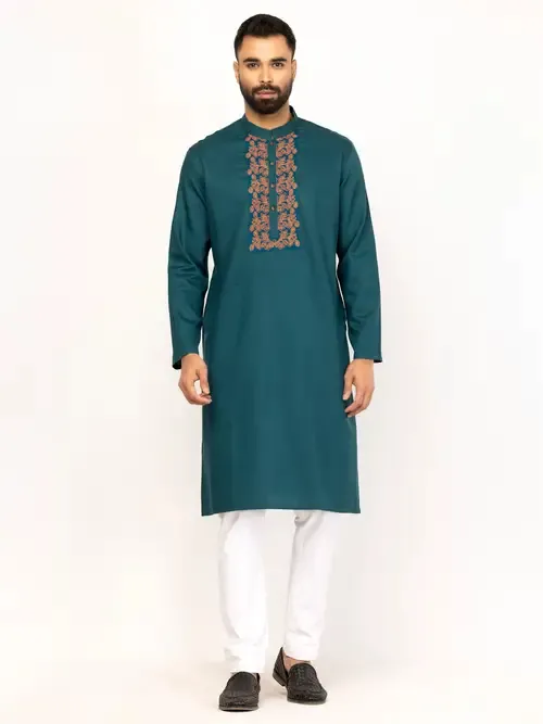 Teal Erri Embroidered Cotton Panjabi Pajama Set